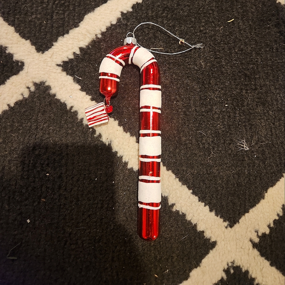 Sparkling Candy Cane Ornament with Present Charm - Festive Decor Accent